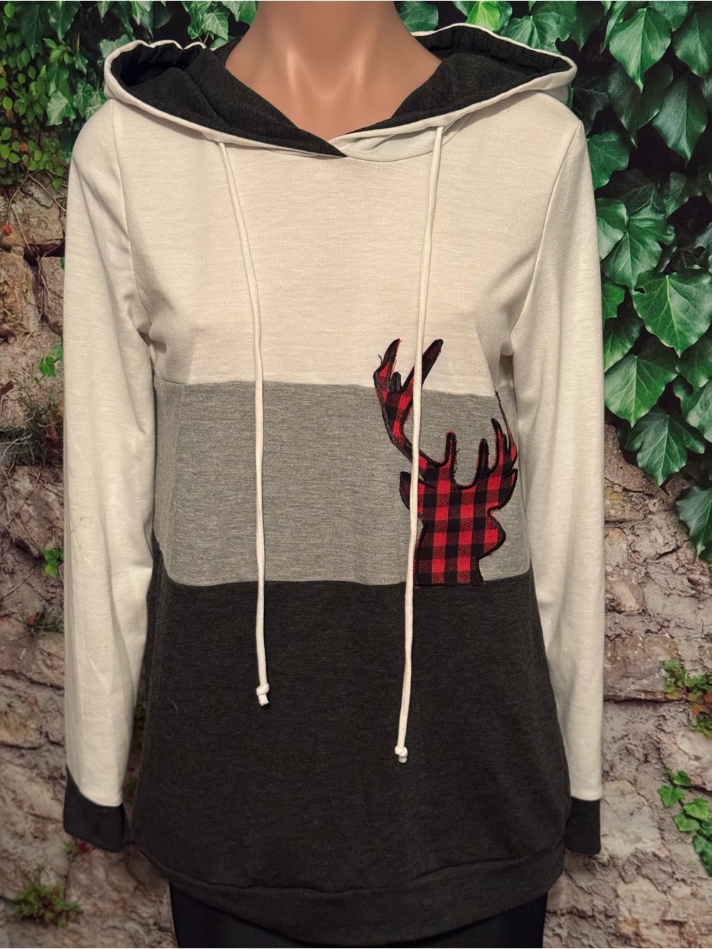 Buffalo Plaid Deer Colorblock Hooded Pullover Sweatshirt - White/Gray/Black